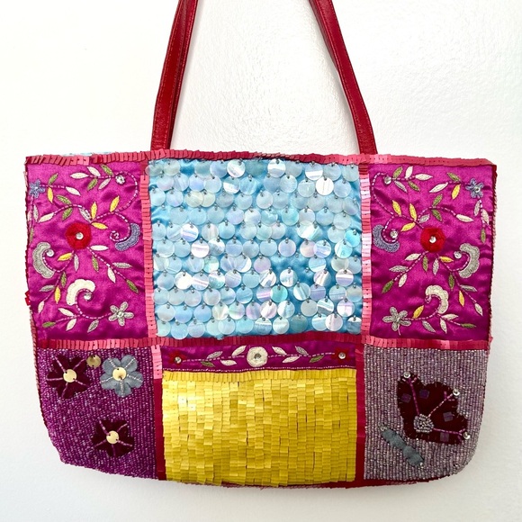 Christiana Mini Tote Fully Beaded & Embellished Bag Fuchsia Pink Gold EUC - Picture 3 of 13